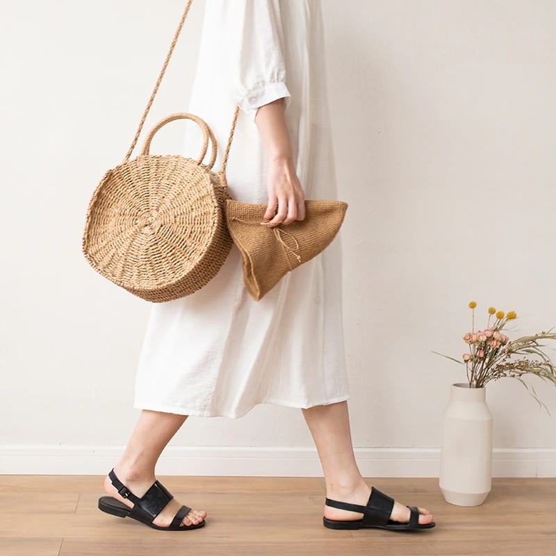 Round Shoulder Straw Bag for Summer - Round Beach Bag - Holiday Beach Bag